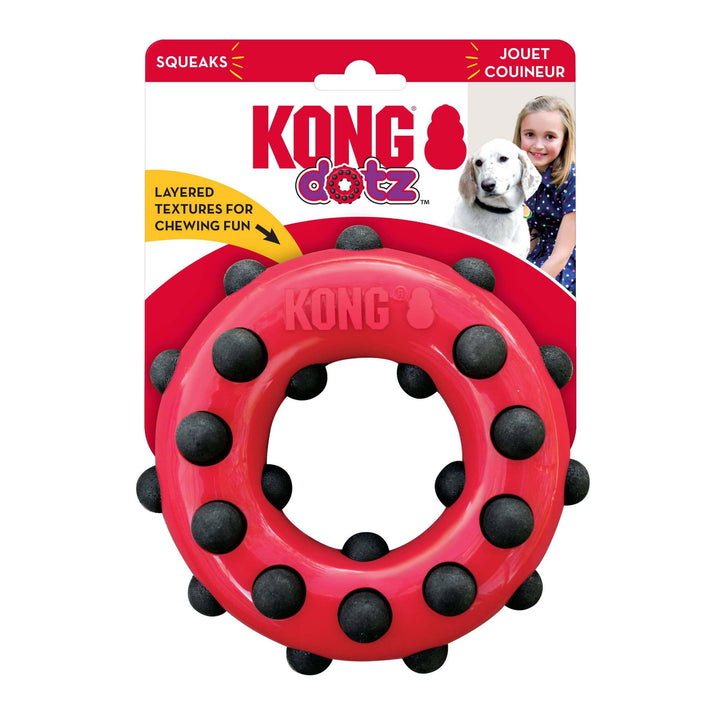 Packaged KONG Dotz Ring chew toy for dogs with layered textures and squeaker for interactive play