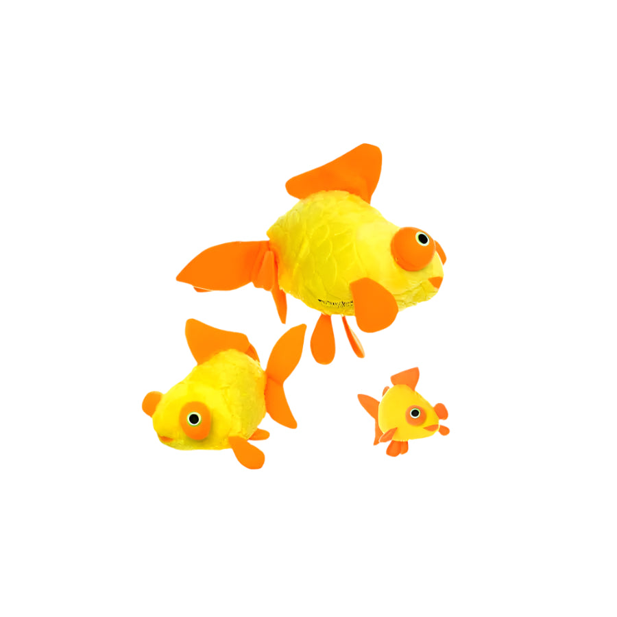 Three toy goldfish on a white background