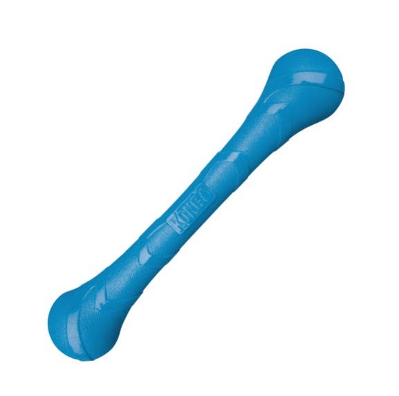 Unpackaged blue KONG Squeezz Stick dog toy with textured surface and squeaker inside