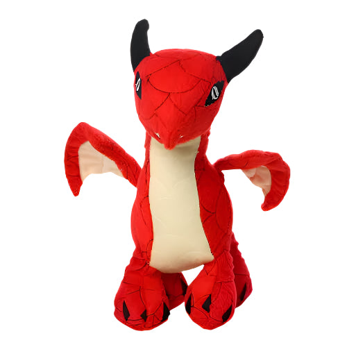 Red dragon plush dog toy with black horns and stitched wings, shown on white background.