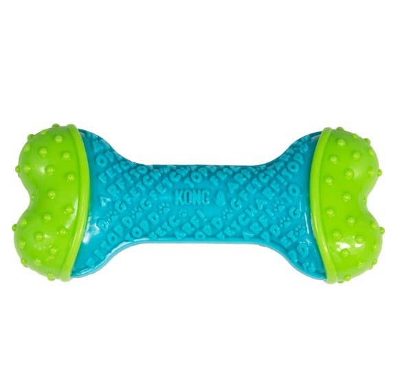 Close-up of blue and green KONG CoreStrength Bone Dog Toy with textured surface
