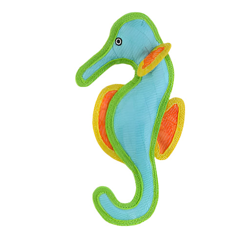 Left side view of multi-layered seahorse dog toy with reinforced seams and soft texture