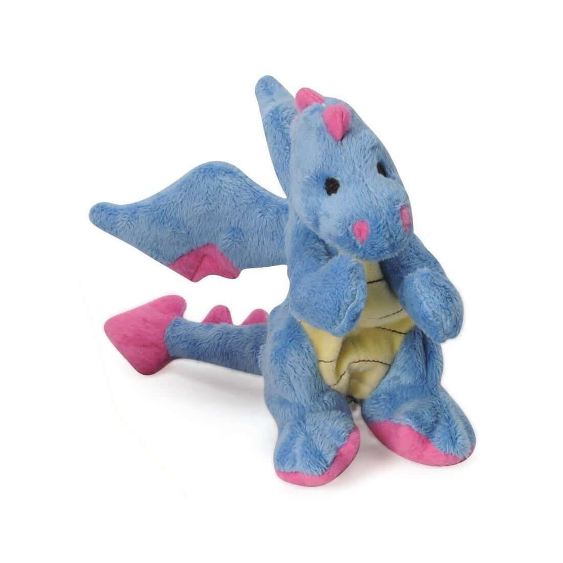 Periwinkle and pink plush dragon dog toy with wings and a yellow belly, made with chew-resistant fabric – perfect soft toy for dogs of all sizes.