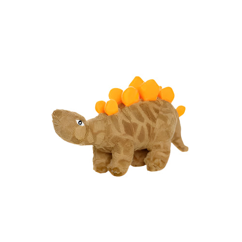 Mini plush dinosaur dog toy with orange spikes on white background, ideal for small breed dogs.