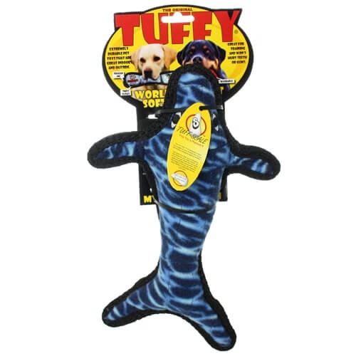 Tuffy® blue whale plush dog toy shown with original Tuffy® product packaging.