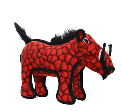 Red plush warthog dog toy with black textured trim and soft mane – durable toy from Tuffy Desert Series