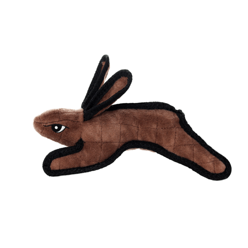Brown Tuffy rabbit plush dog toy with black trim, side view in leaping pose.