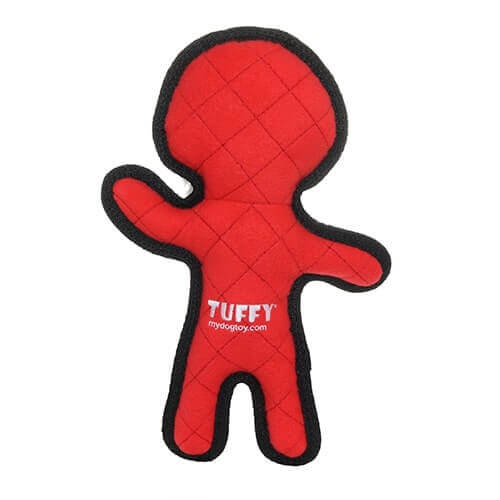 Back view of a Tuffy red Santa-shaped dog toy with quilted fabric and reinforced stitching for durability, perfect for interactive play and fetching.