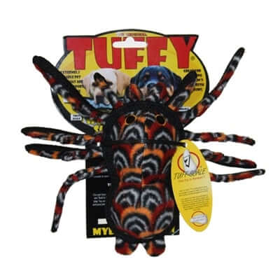 Tuffy durable spider-shaped dog toy with multiple legs, designed for interactive play and tough chewing, featuring a colorful pattern and reinforced stitching.