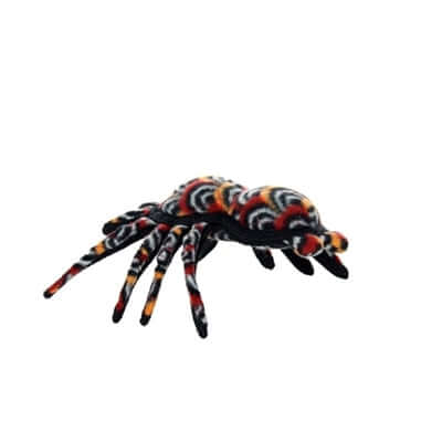 Tuffy plush spider dog toy with a colorful, reinforced fabric design and multiple legs, built for durability and interactive play.