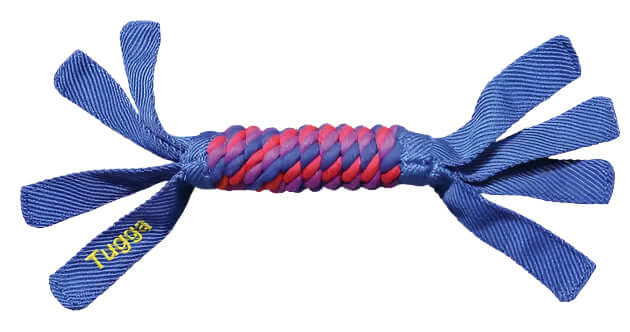 Blue KONG Tugga Wubba dog toy with tightly braided center rope and durable nylon tails for gripping and shaking fun.