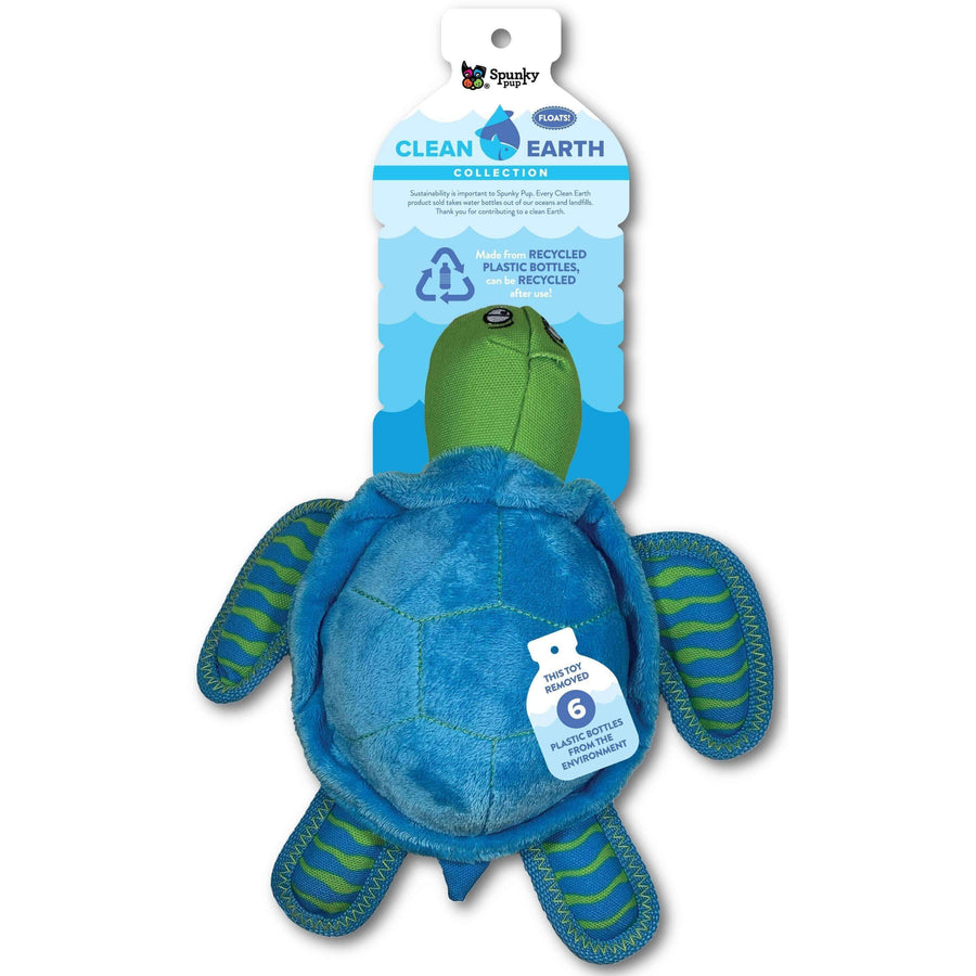 Blue and green turtle-shaped toy with 'Clean Earth' collection packaging on a white background