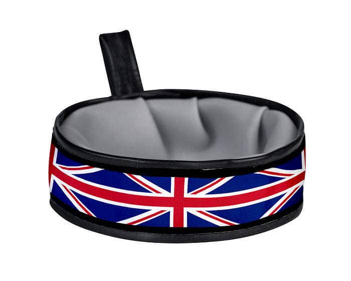 Collapsible travel dog bowl with Union Jack design and black trim for portable feeding or water on the go