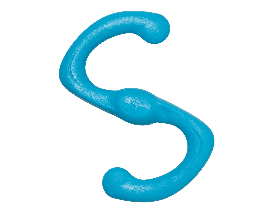 Blue plastic S-hook on a black background