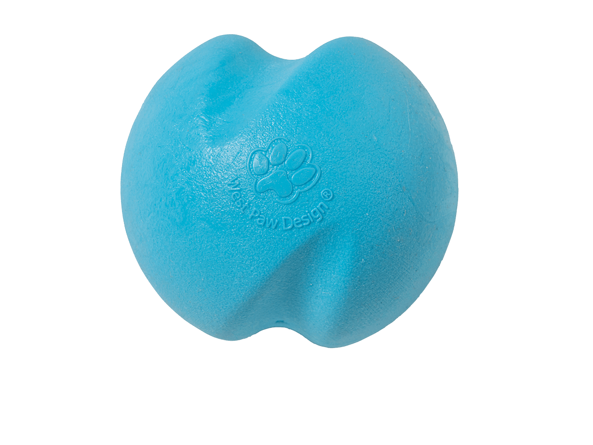 Blue dog toy with a paw design on a black background