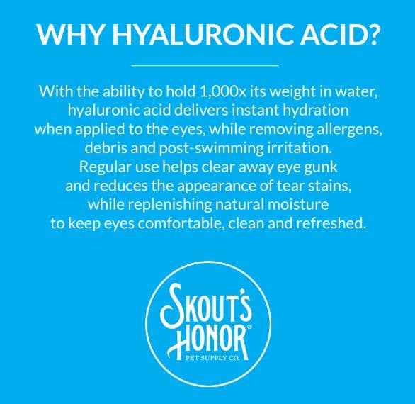 Educational graphic explaining the benefits of hyaluronic acid in Skout’s Honor Eye Wash for hydration and tear stain removal.