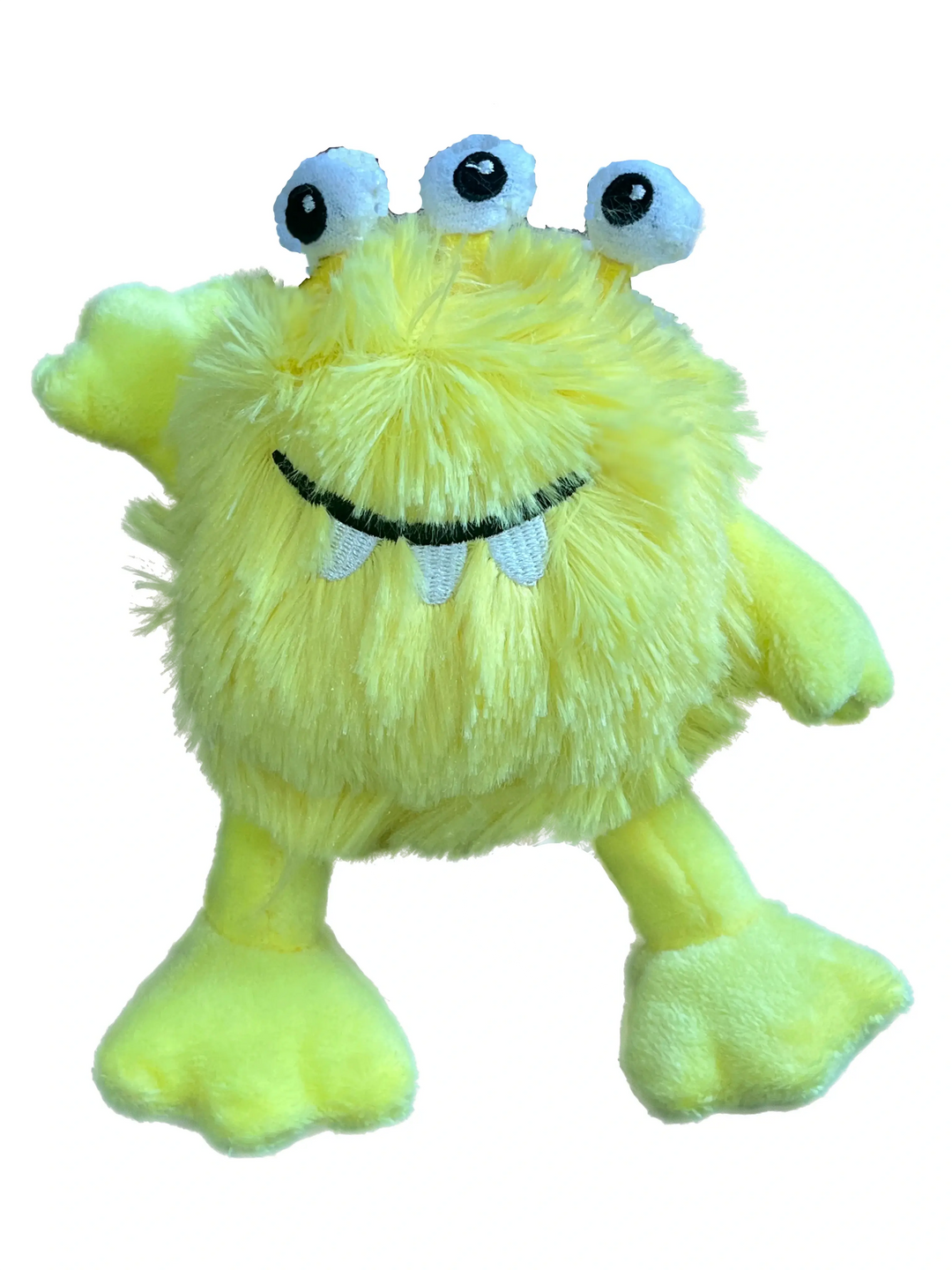 Yellow plush toy with googly eyes on a white background