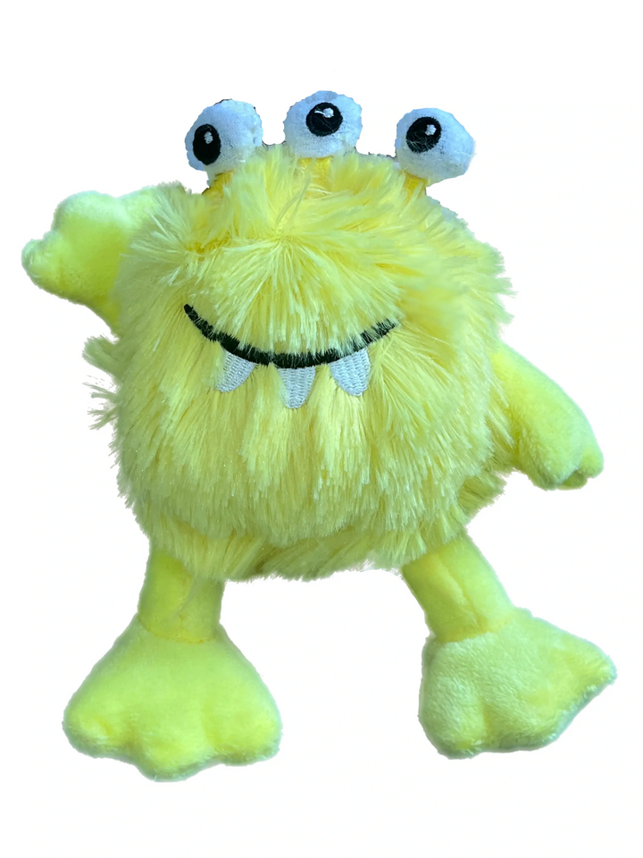 Yellow plush toy with googly eyes on a white background