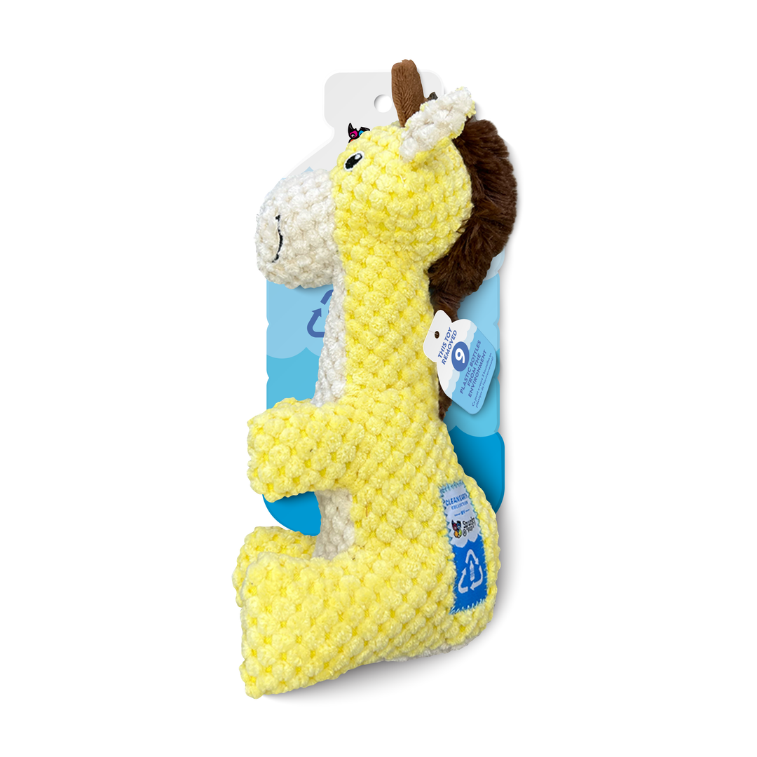 Yellow plush giraffe-shaped dog toy with a soft, textured surface, brown mane, and white snout. Made from recycled materials and part of an eco-friendly collection.