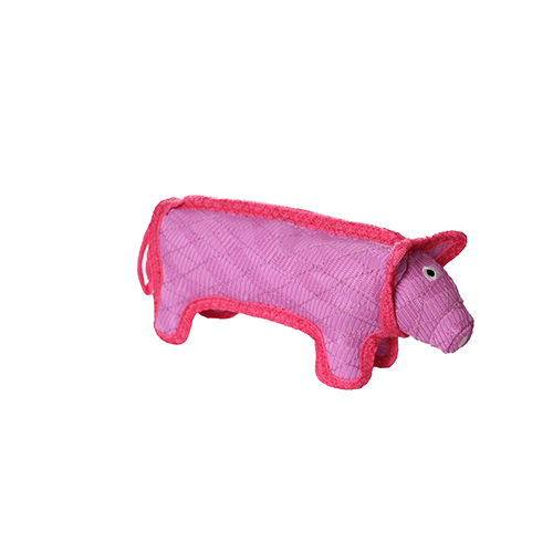 A pink pig-shaped dog toy with red edging, shown from a side angle. The toy features embroidered eyes and snout details, made of durable woven fiber, and is designed for interactive play.