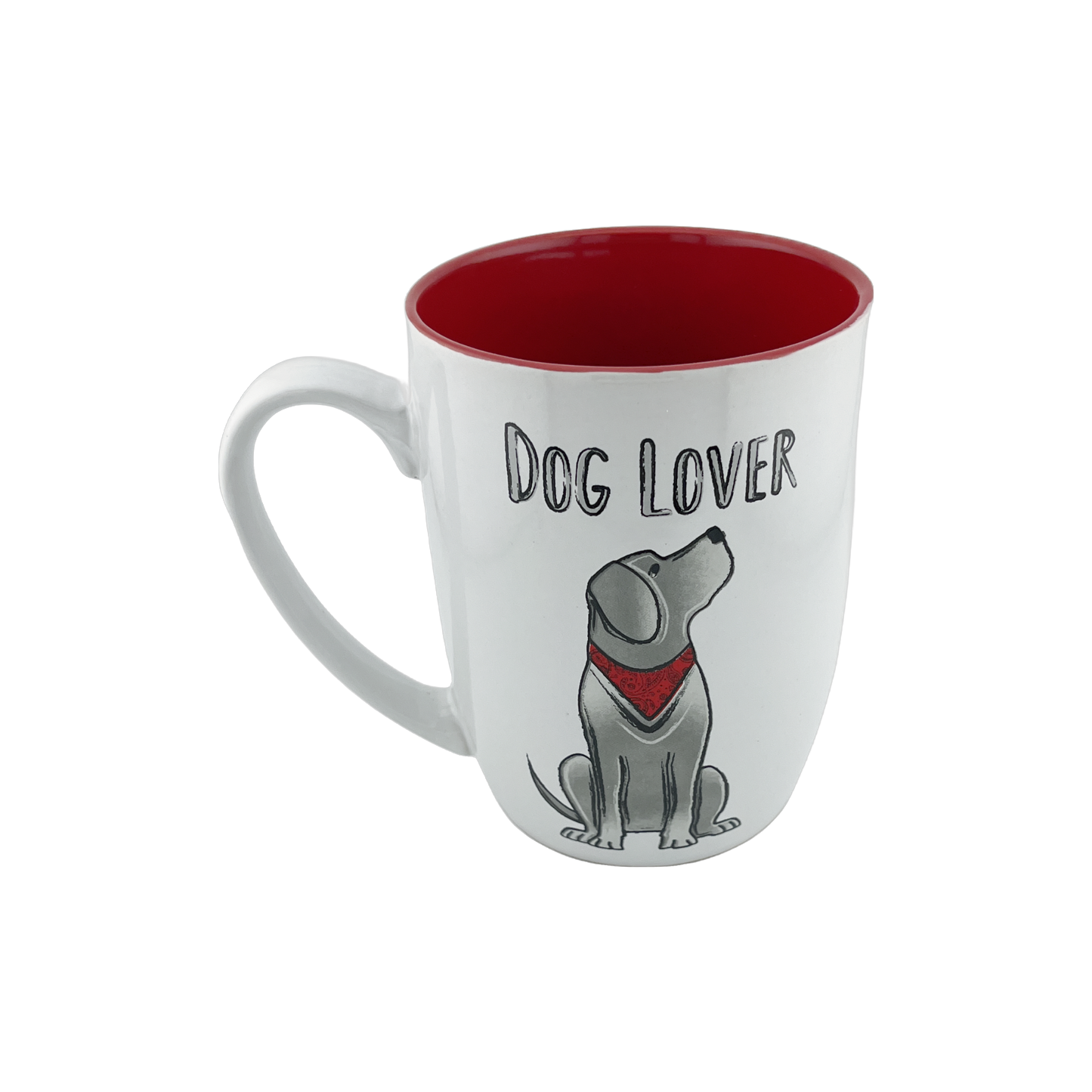 A charming white ceramic mug with a red interior, featuring an illustration of a sitting dog wearing a red bandana. The text "Dog Lover" is displayed above the dog graphic. This 24 oz mug is perfect for dog enthusiasts, adding a fun pop of color to your morning routine. Dishwasher and microwave safe.