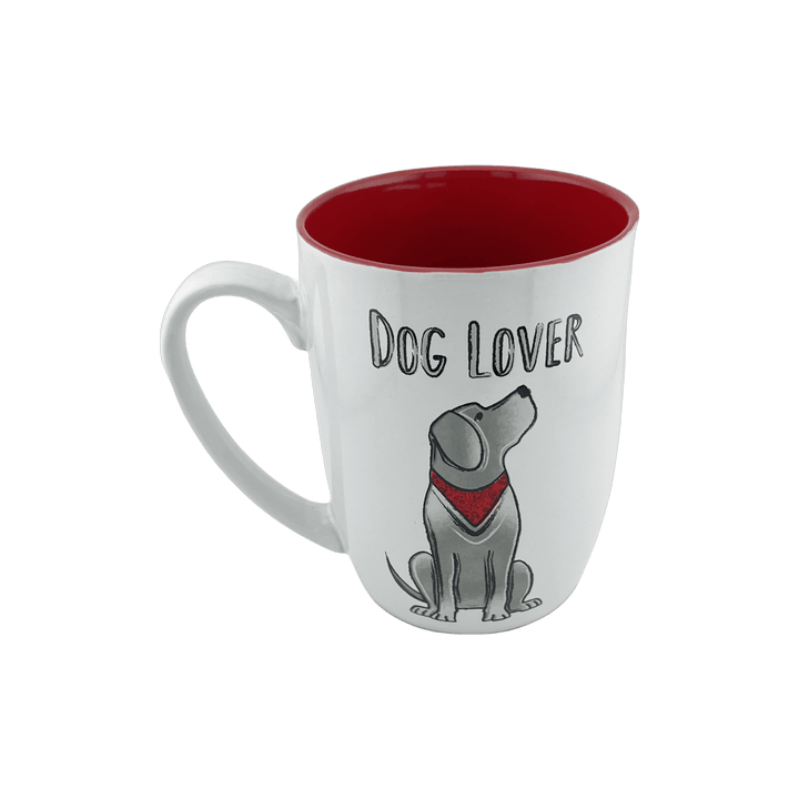 A charming white ceramic mug with a red interior, featuring an illustration of a sitting dog wearing a red bandana. The text "Dog Lover" is displayed above the dog graphic. This 24 oz mug is perfect for dog enthusiasts, adding a fun pop of color to your morning routine. Dishwasher and microwave safe.