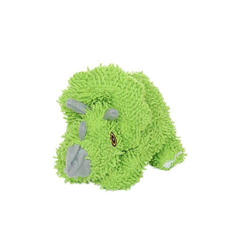 A green triceratops plush dog toy in a curled position, with visible grey horns and detailed, textured microfiber fabric.