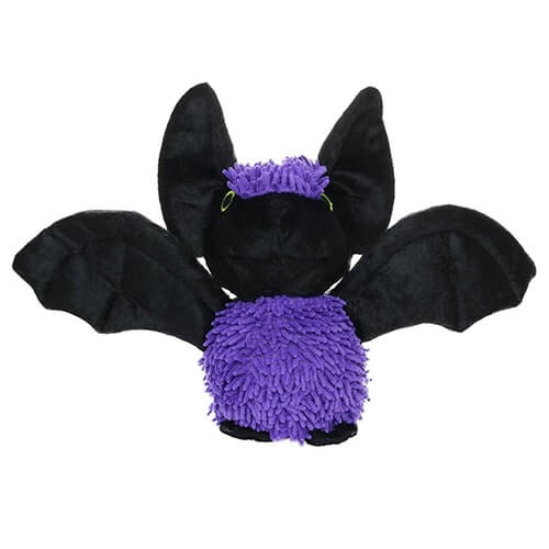 A front view of the black and purple bat plush toy, showcasing its large black wings and textured purple body.