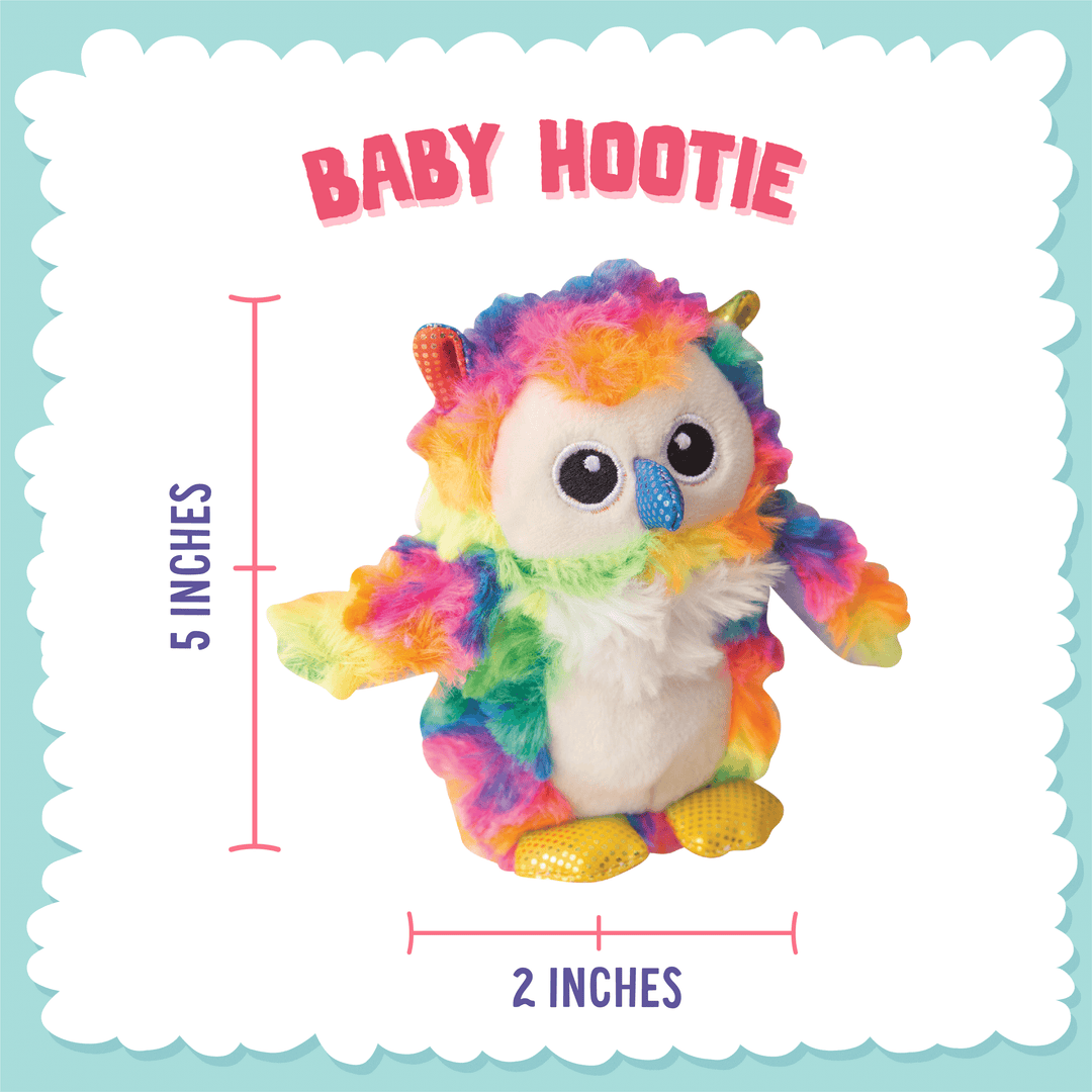Colorful owl plush toy named 'Baby Hootie' with dimensions on a light blue background