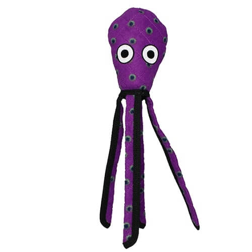 Front view of the purple octopus Tuffy dog toy, showing its wide eyes and multiple black spots.