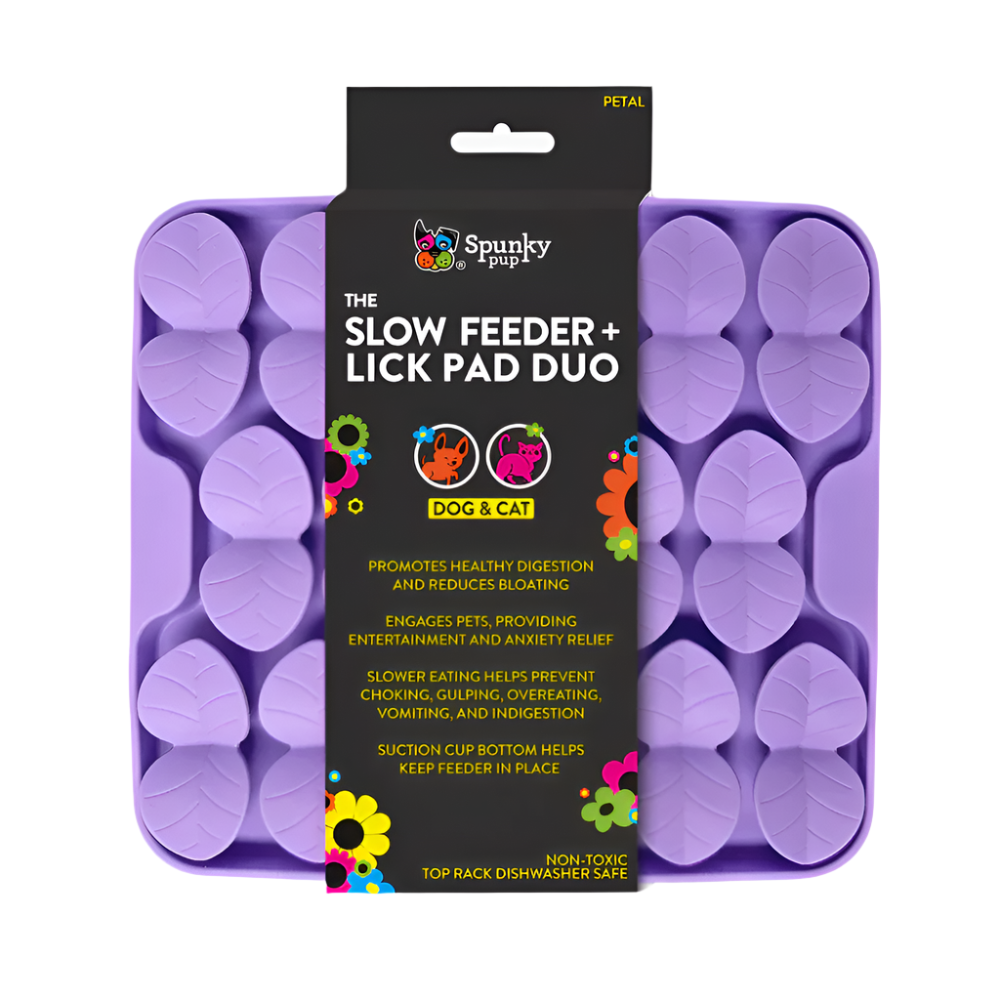 Purple slow feeder and lick pad duo packaging with Spunky Pup branding on a white background