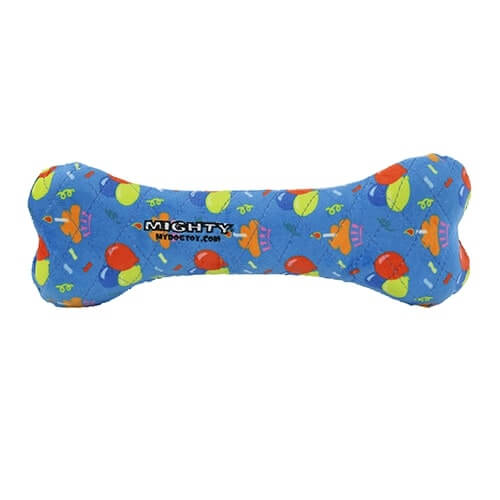 Blue Mighty® Bone dog toy with colorful sports pattern, durable and soft, machine washable, floats, no stuffing, features a tough core and safe squeaker pockets.