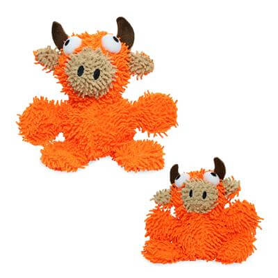 Two small orange plush bull-shaped dog toys with a shaggy texture, brown horns, and large googly eyes, one sitting upright and one lying down.