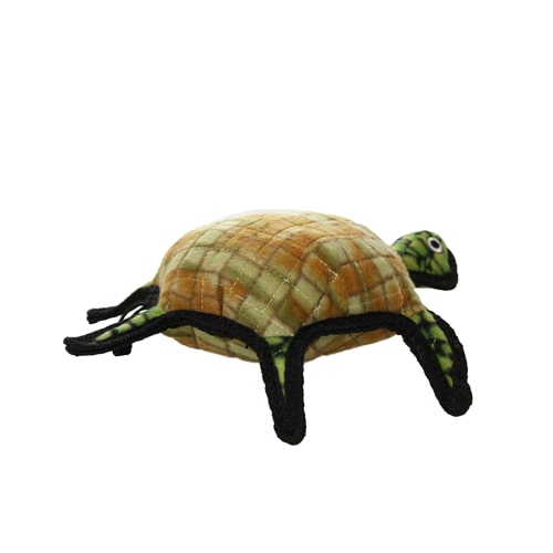 Side view of the Tuffy turtle dog toy, showcasing the quilted shell and durable black edges.