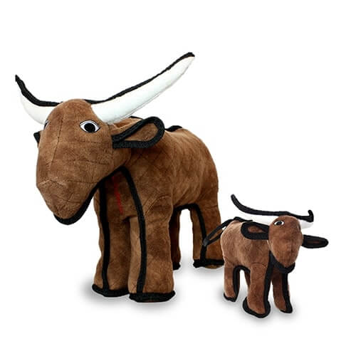 Two brown plush bull-shaped dog toys with white horns and black trim, one larger and one smaller