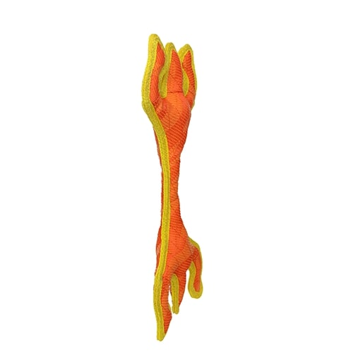 Side view of a durable orange and yellow lizard dog toy, squeaky, floats, washable, perfect for interactive play.