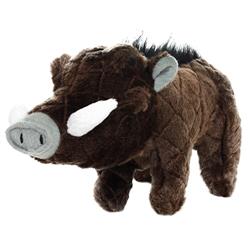 Brown plush warthog toy with black mane and white tusks, designed for long-lasting play and cuddles for dogs of all sizes.