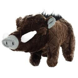 Brown plush warthog toy with black mane and white tusks, designed for long-lasting play and cuddles for dogs of all sizes.