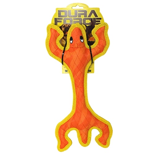 A durable dog toy designed to resemble a lizard, part of the 'DURA FORCE' series, as the label indicates. It is primarily orange with yellow contouring the edges, creating a high-contrast and visually stimulating appearance. The toy has a robust, woven texture and features two playful eyes and a cheerful expression. Packaged against a branded card that highlights its medium size and toughness, the toy stands out on a white background, emphasizing its bright colors and fun design.