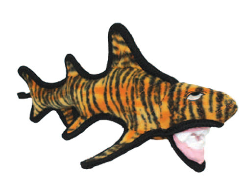 Front view of a tiger-patterned plush shark-shaped dog toy with black trim and fins, designed for interactive pet play.