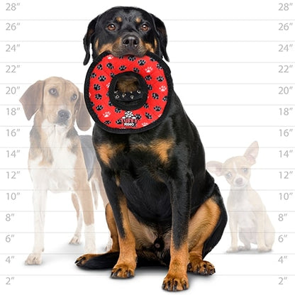 Size comparison chart with a large dog holding the red Tuffy ring toy in its mouth, alongside a beagle and a smaller dog for scale.