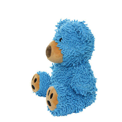 Mighty® Micro Ball Bear Dog Toy: Side view of a plush bear-shaped toy with a fuzzy blue body, brown nose, black embroidered eyes, and tan paw pads with black paw prints. Soft and playful.