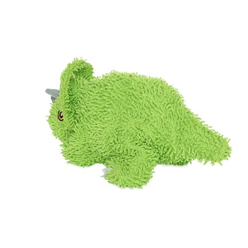 A side view of a green plush triceratops dog toy, highlighting the textured microfiber surface and soft design.