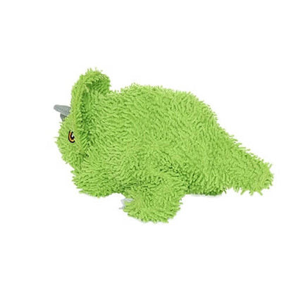 A side view of a green plush triceratops dog toy, highlighting the textured microfiber surface and soft design.