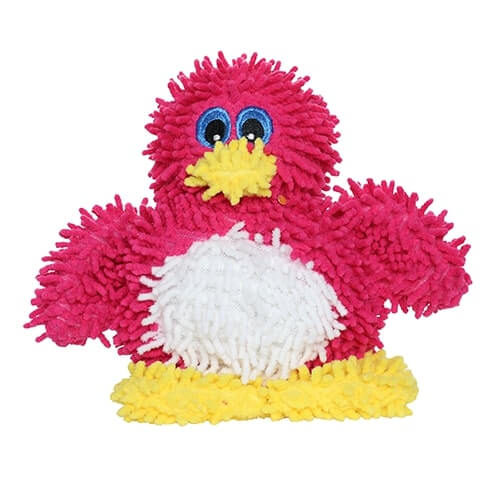 A front view of the red plush penguin dog toy, emphasizing its shaggy microfiber texture and playful design with large eyes and a yellow beak.