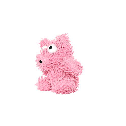 Angled side view of a small pink plush dog toy with a shaggy texture and large googly eyes