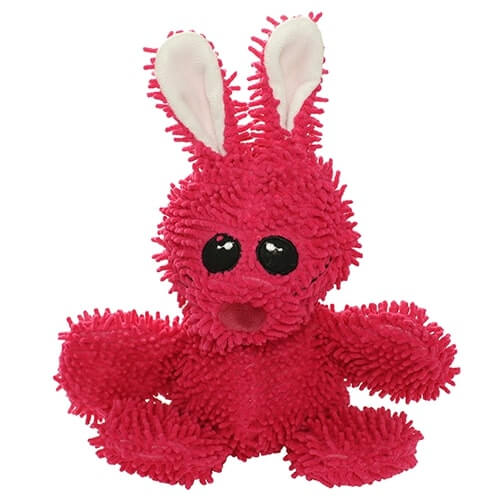 A bright pink plush bunny-shaped dog toy with shaggy microfiber texture, large black eyes, and tall white inner ears.