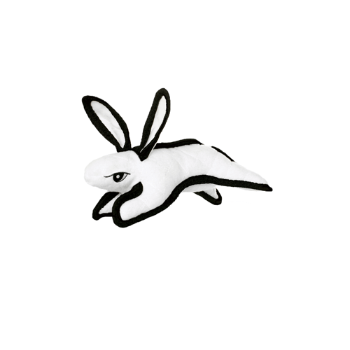 A small black-and-white rabbit in motion, featuring large ears and a minimalist, flowing design that suggests the rabbit is leaping.