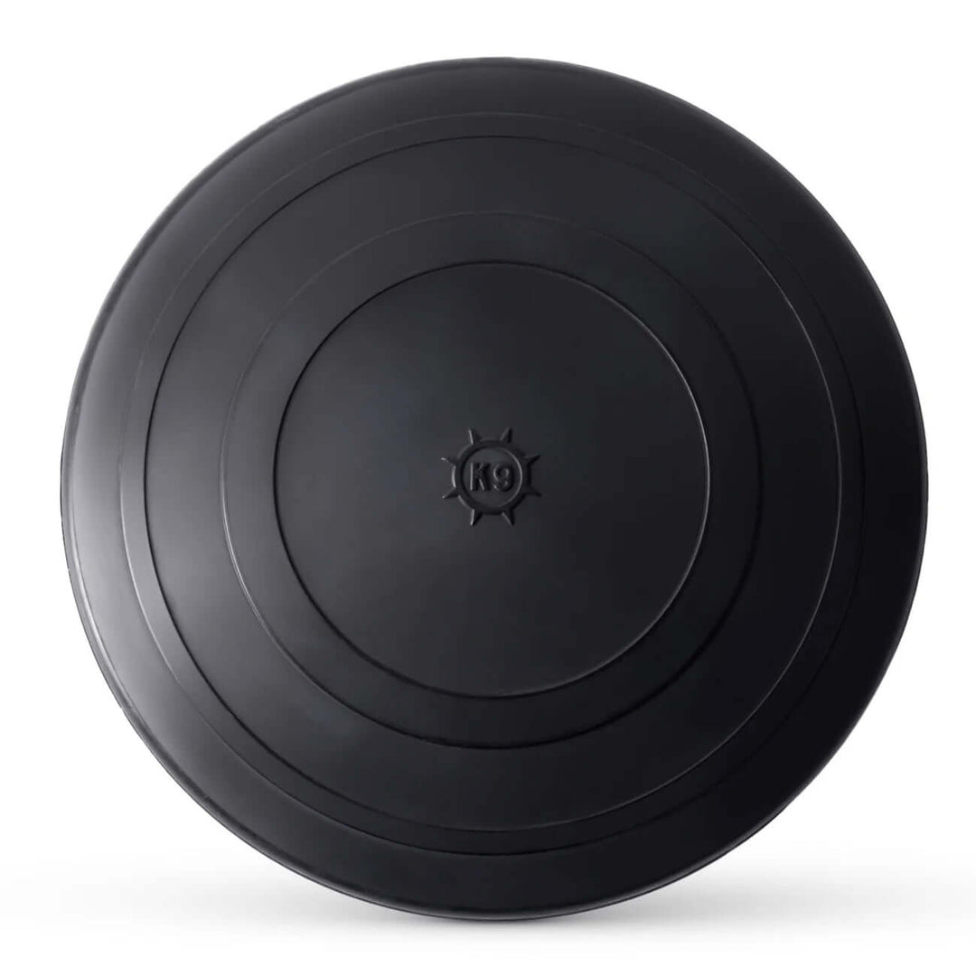 Black rubber disc with a brand logo on a white background
