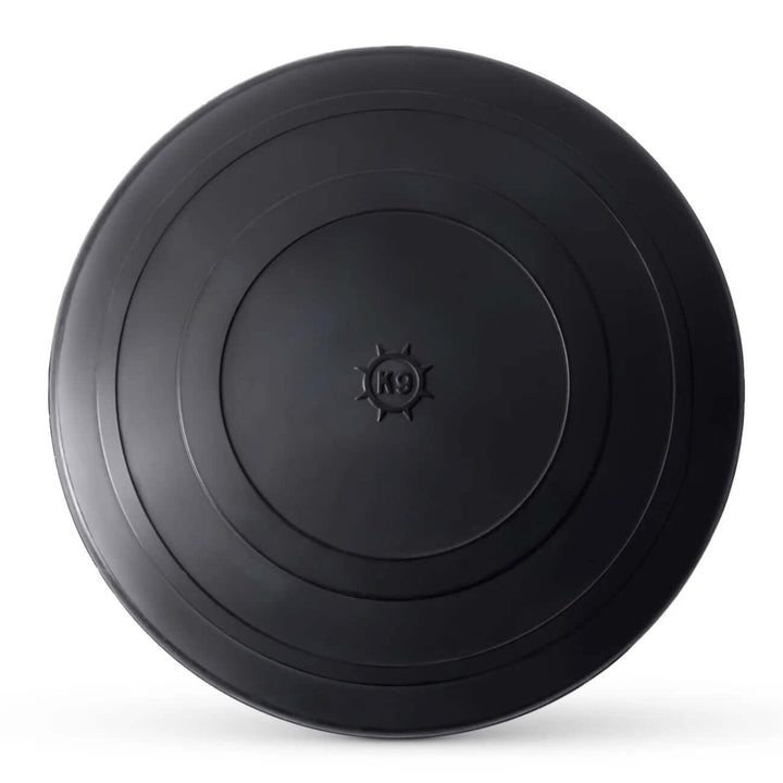 Black rubber disc with a brand logo on a white background